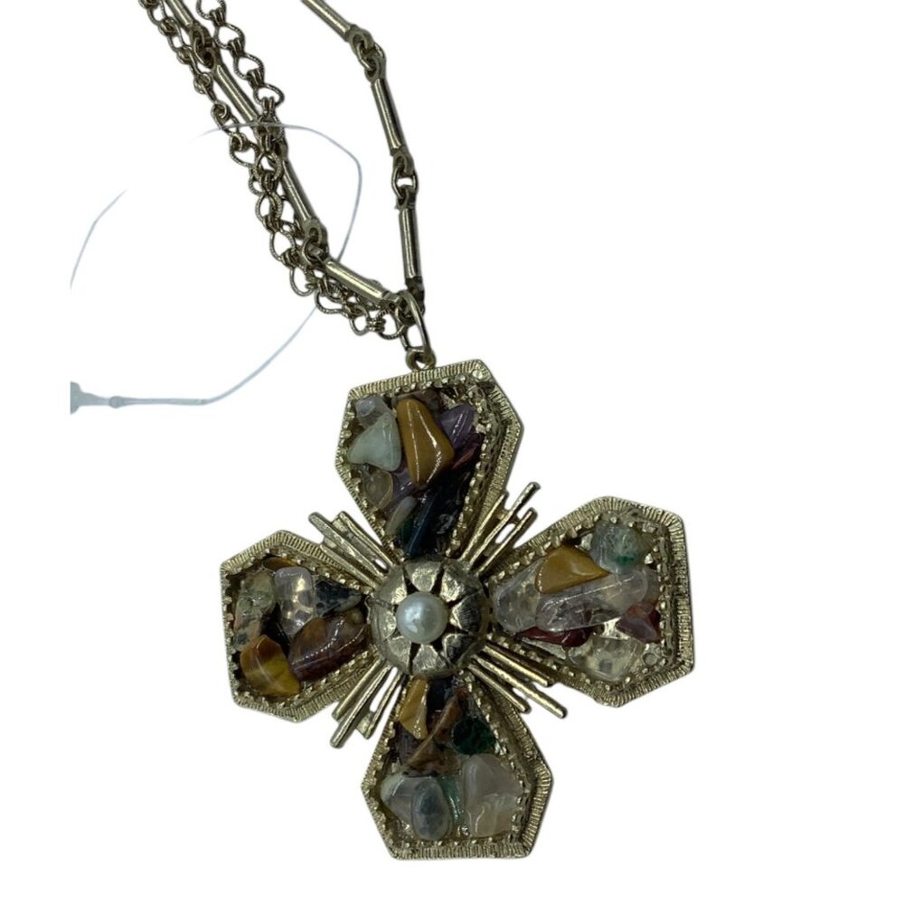 Vtg Stone Cross‎ Pendant Necklace With Mixed Chain Design 10" Retro